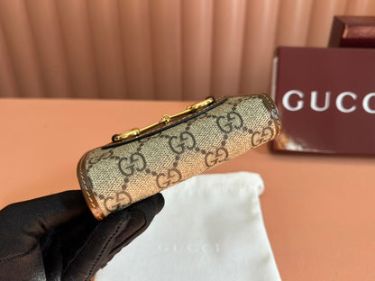 HORSEBIT 1955 CARD CASE WALLET 11.5 IN BEIGE EBONY GG CANVAS BROWN CALFSKIN