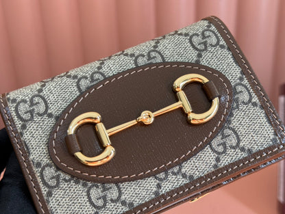 HORSEBIT 1955 CARD CASE WALLET 11.5 IN BEIGE EBONY GG CANVAS BROWN CALFSKIN