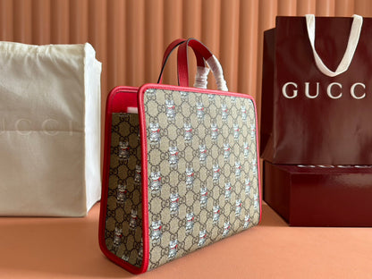 CHILDREN'S PRINTED CAT TOTE BAG 28.5 IN BEIGE AND DARK BROWN GG CANVAS RED TRIM