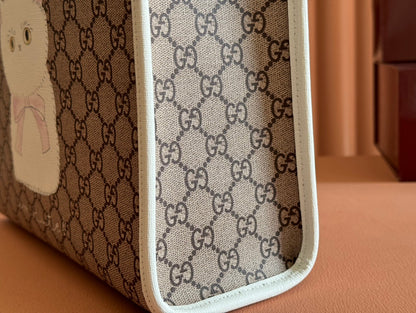 CHILDREN'S PRINTED BIG CAT TOTE BAG 28.5 IN BEIGE AND DARK BROWN GG CANVAS WHITE TRIM