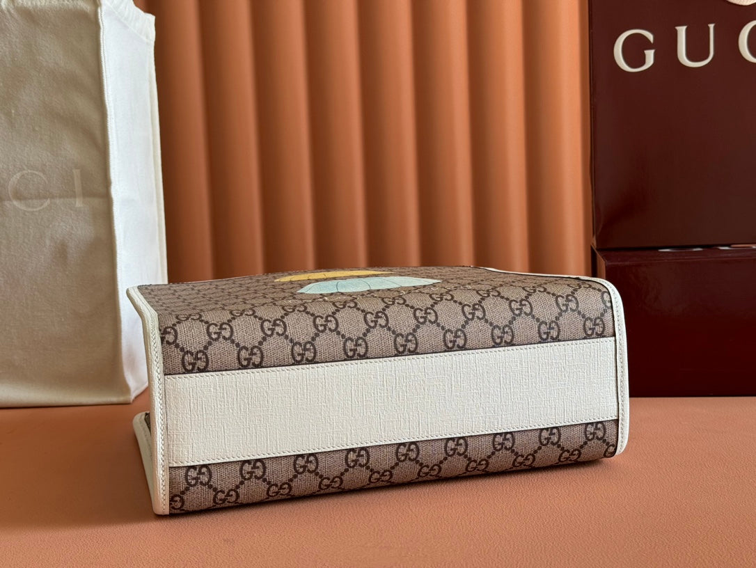 CHILDREN'S PRINTED BIG CAT TOTE BAG 28.5 IN BEIGE AND DARK BROWN GG CANVAS WHITE TRIM