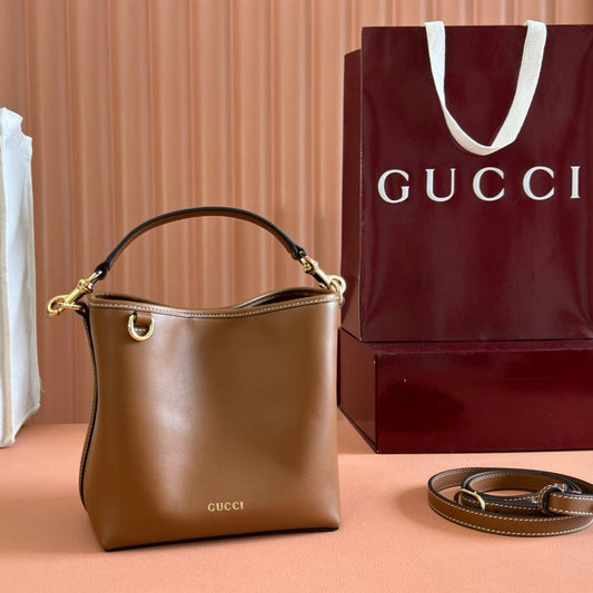 EMBLEM SMALL BUCKET BAG 19 IN BROWN SMOOTH CALFSKIN