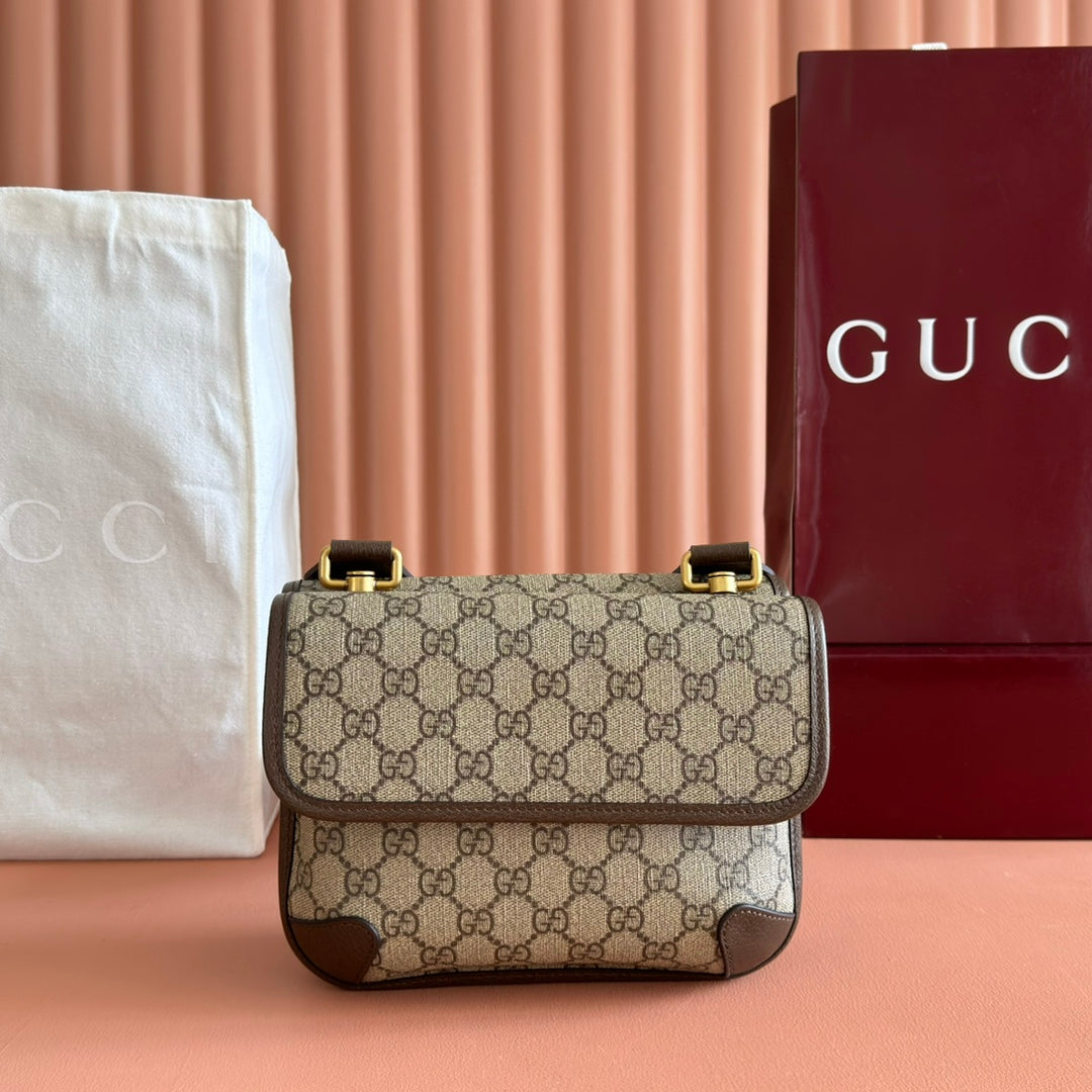 GUCCI NEO VINTAGE TIGER HEAD CROSSBODY BAG 22 IN CANVAS BROWN LEATHER TRIM