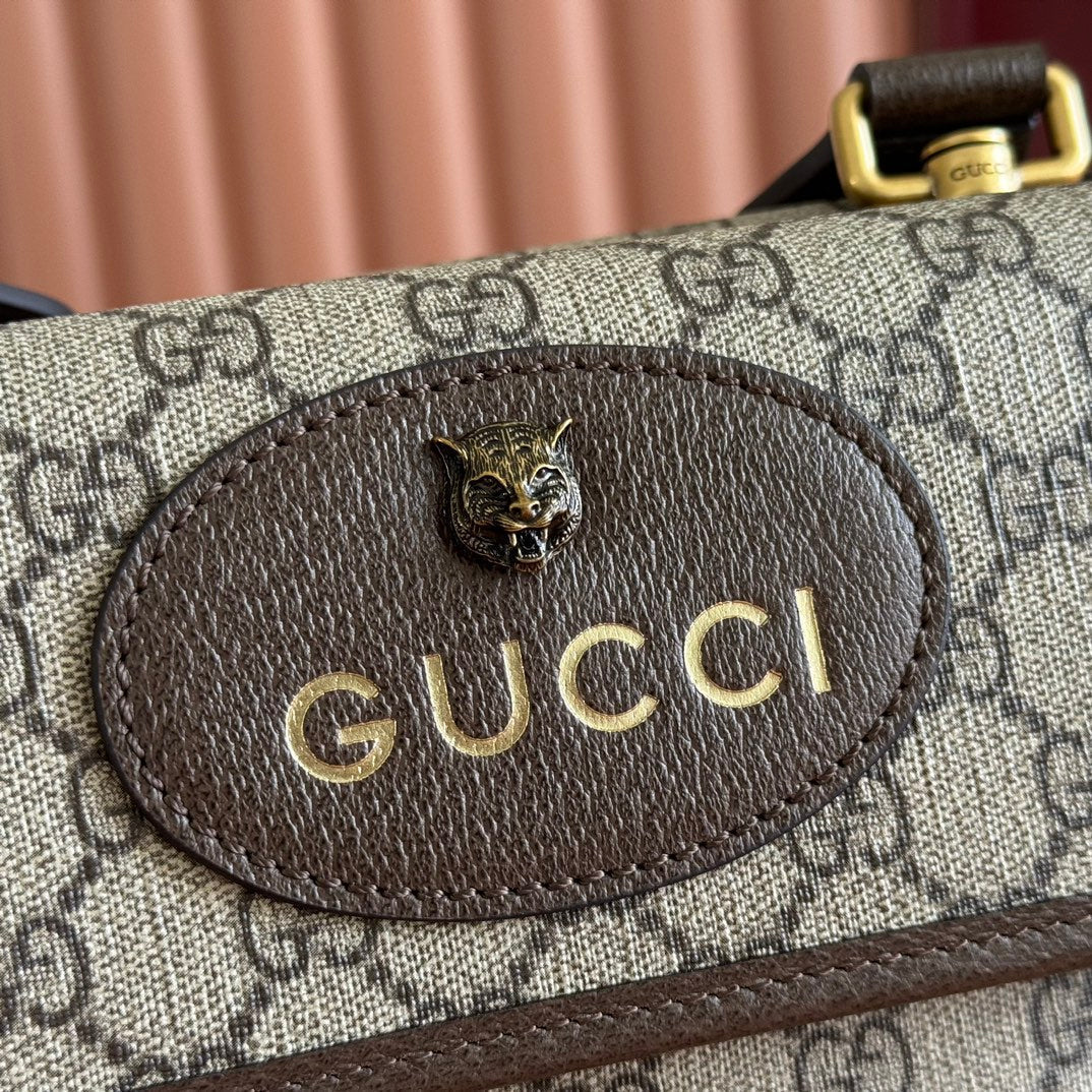 GUCCI NEO VINTAGE TIGER HEAD CROSSBODY BAG 22 IN CANVAS BROWN LEATHER TRIM