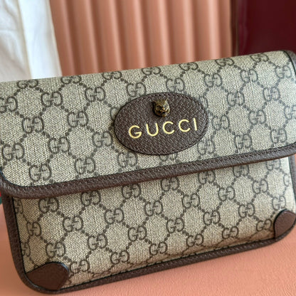 GUCCI NEO VINTAGE TIGER HEAD CROSSBODY BAG 24 IN CANVAS BROWN LEATHER TRIM