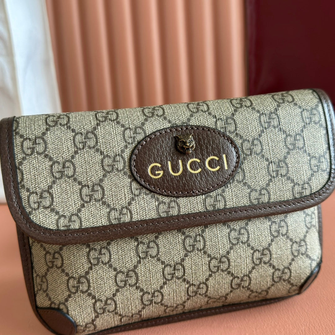 GUCCI NEO VINTAGE TIGER HEAD CROSSBODY BAG 20 IN CANVAS BROWN LEATHER TRIM