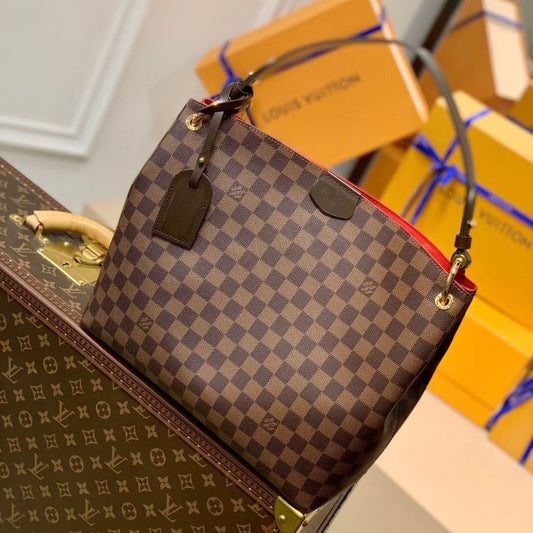 GRACEFUL MM BAG 35 IN BROWN DAMIER COATED CANVAS BROWN CALFSKIN