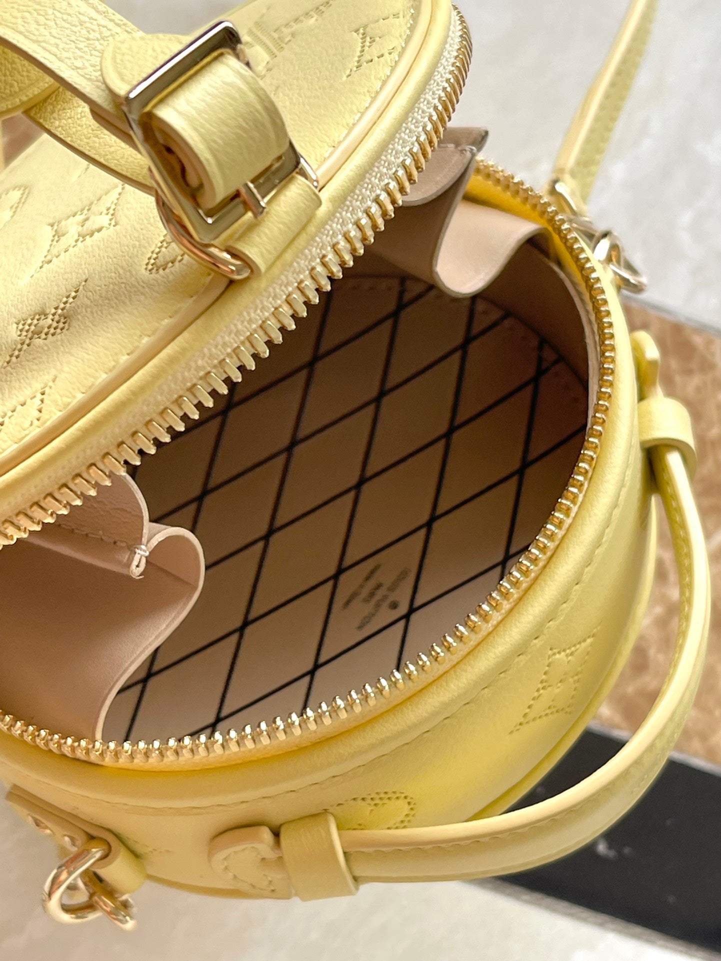 MINI BOITE CHAPEAU 13 IN BANANA YELLOW MONOGRAM PERFORATED CALFSKIN