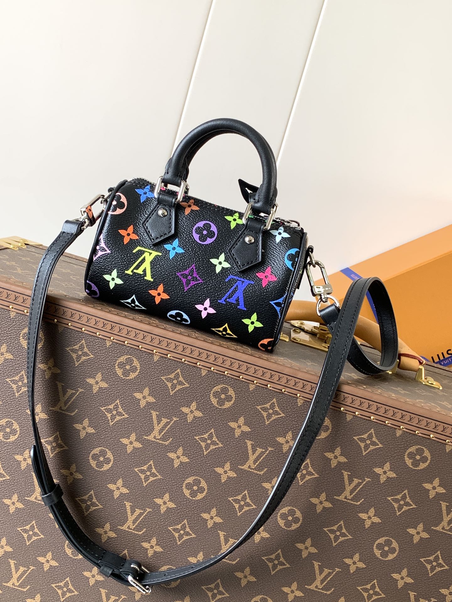 NANO SPEEDY BAG 16 IN COLORFUL MONOGRAM PATTERN AND BLACK COATED CANVAS