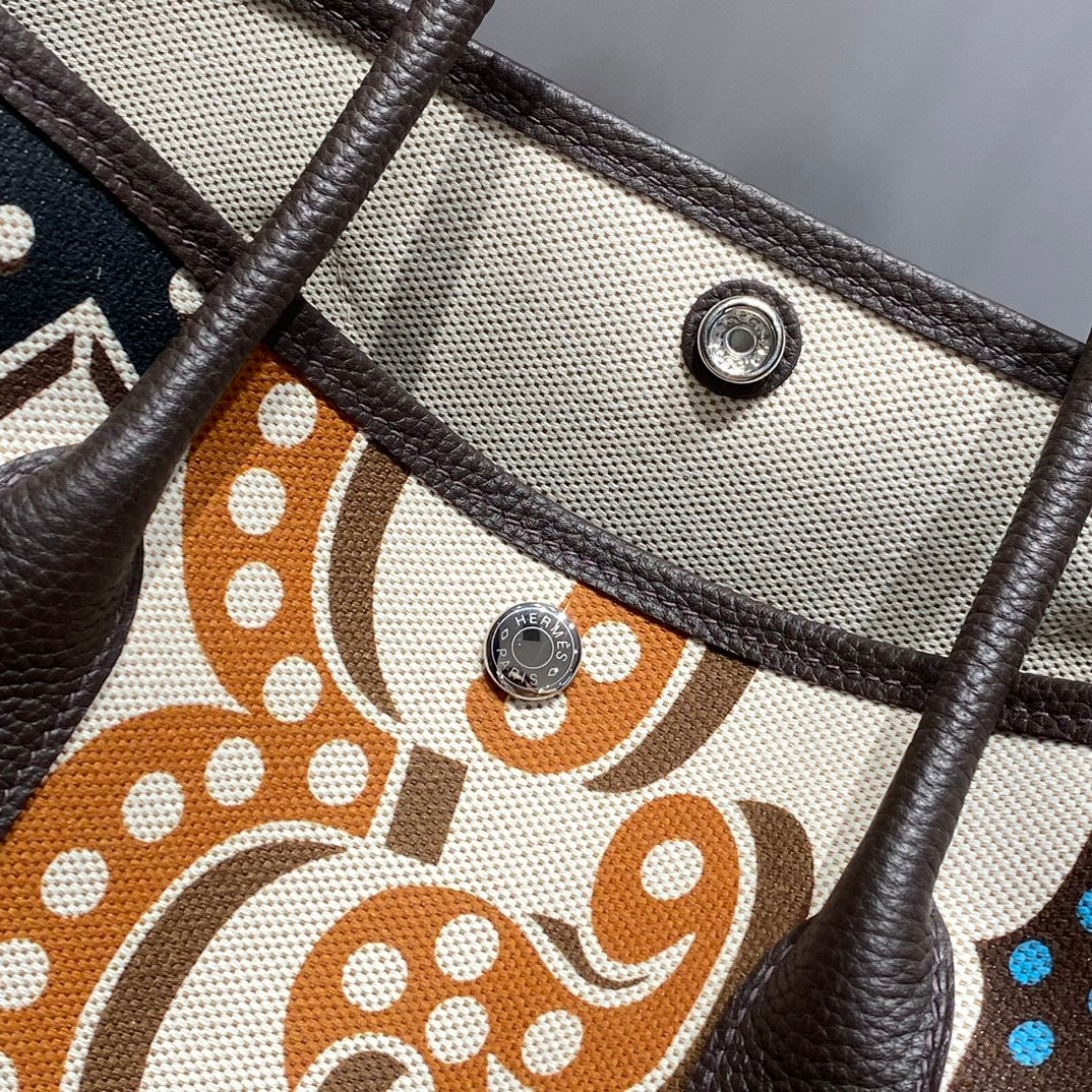 GARDEN PARTY 36 IN MULTICOLOR TOILE H CANVAS DARK BROWN CALFSKIN ABSTRACT GRAPHIC PRINT