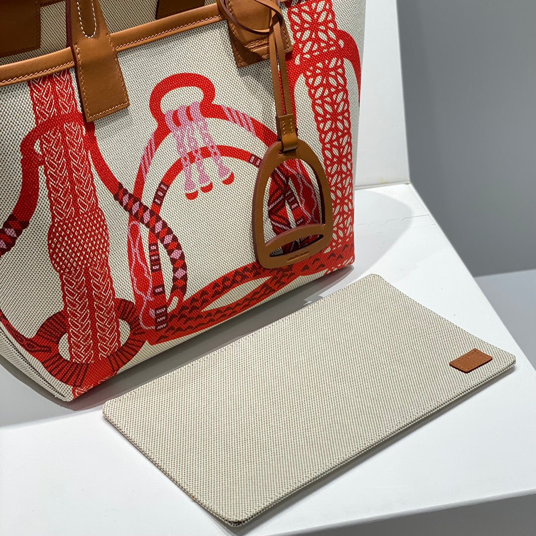 STEEPLE 28 BAG IN OFF-WHITE MIX RED CANVAS AND BROWN CALFSKIN