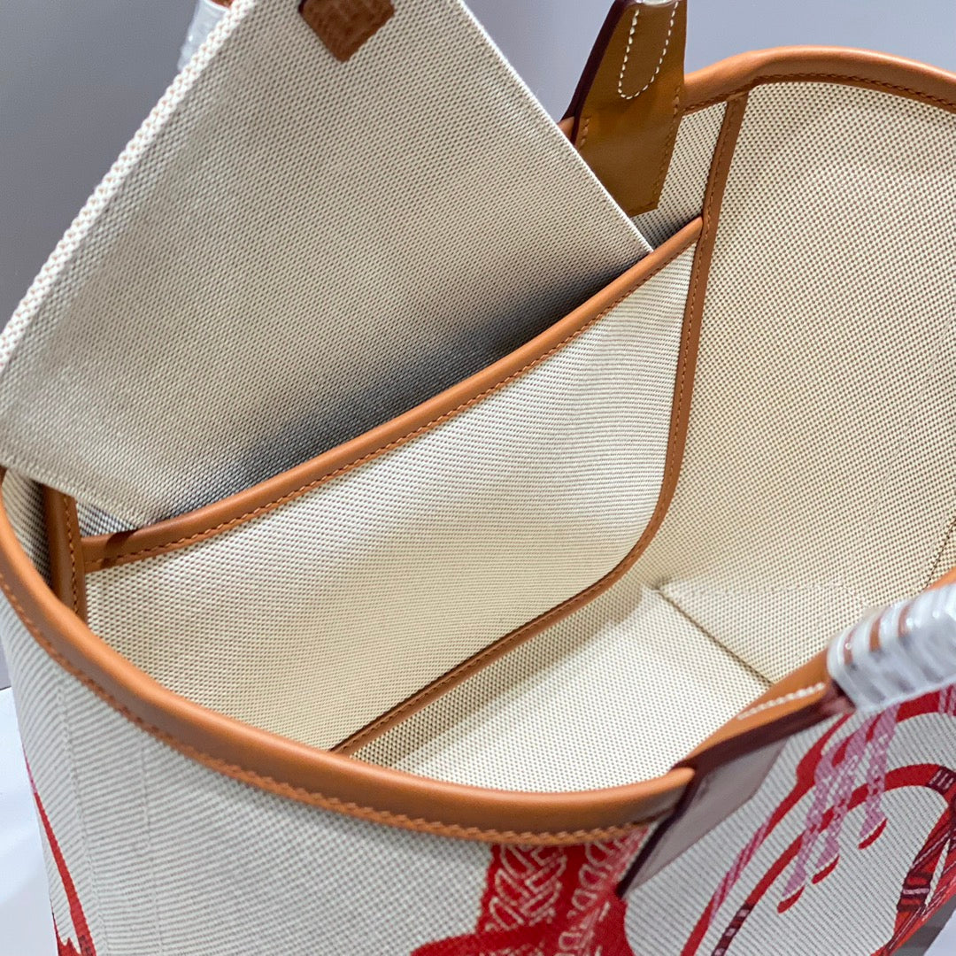 STEEPLE 28 BAG IN OFF-WHITE MIX RED CANVAS AND BROWN CALFSKIN