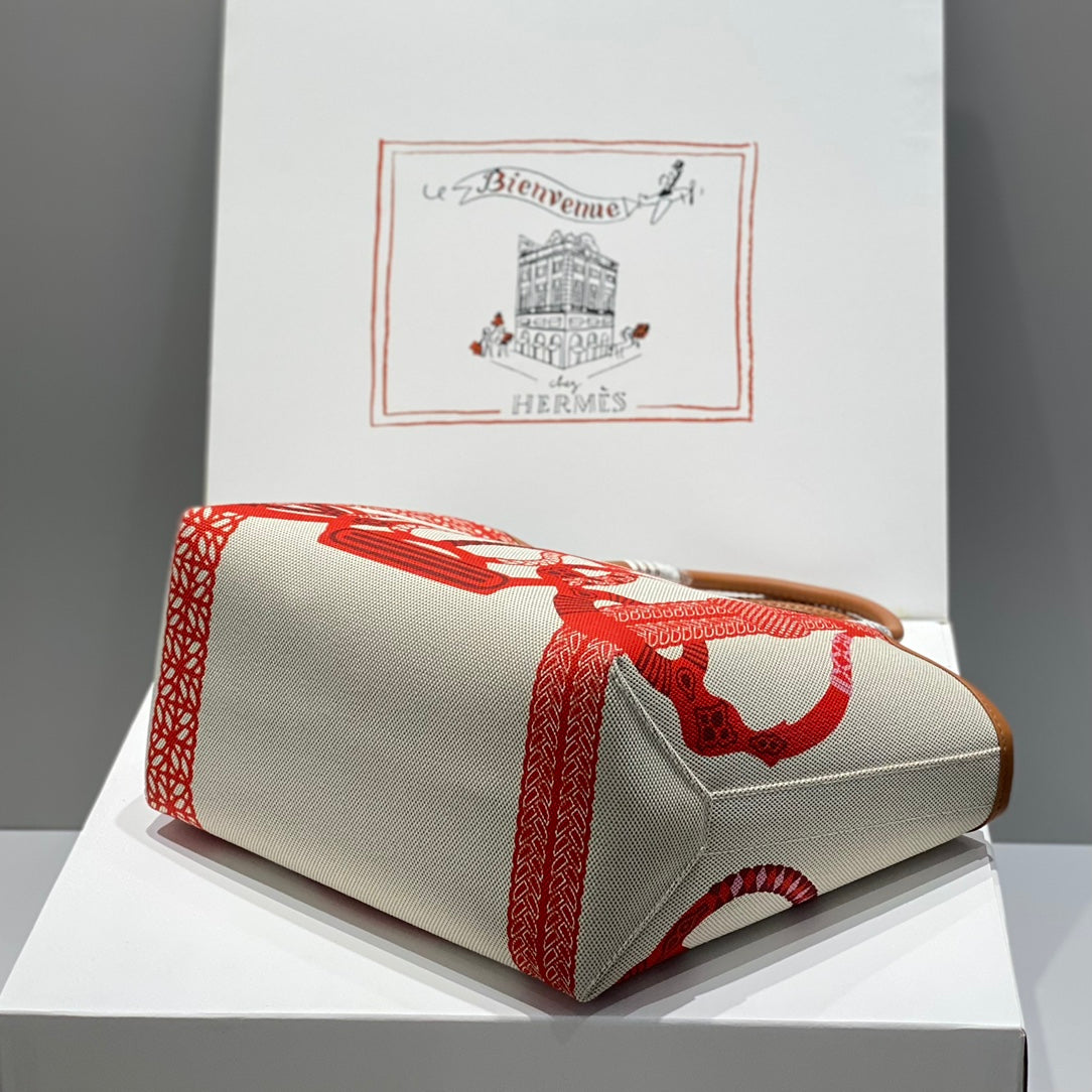 STEEPLE 28 BAG IN OFF-WHITE MIX RED CANVAS AND BROWN CALFSKIN