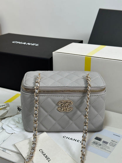 VANITY CASE 17 CRYSTAL STUDDED LOGO IN GREY CALFSKIN GOLD HARDWARE