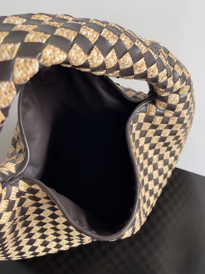 LARGE HOP 54 IN BROWN CALFSKIN AND BEIGE RAFFIA