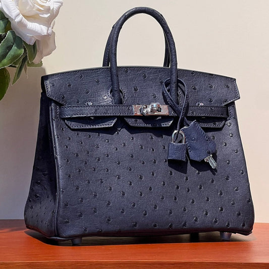 KELLY SELLIER 25 BAG IN SPACE BLUE OSTRICH LEATHER WITH SILVER HARDWARE (MADE-TO-ODER)