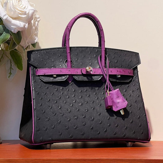 KELLY  SELLIER 25 BAG IN BLACK MIX ORCHID PURPLE OSTRICH LEATHER (MADE-TO-ODER)