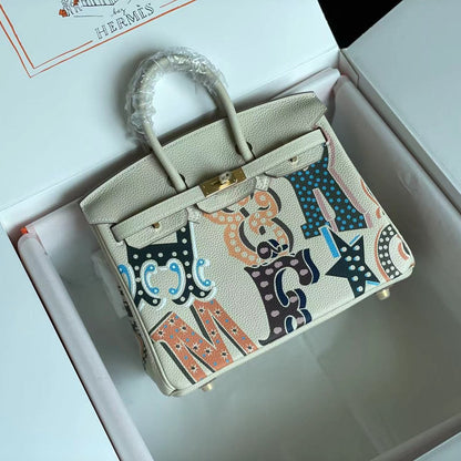 BIRKIN 25 BAG IN WHITE CREAM CALFSKIN WITH COLORFUL STICKER (MADE-TO-ODER)