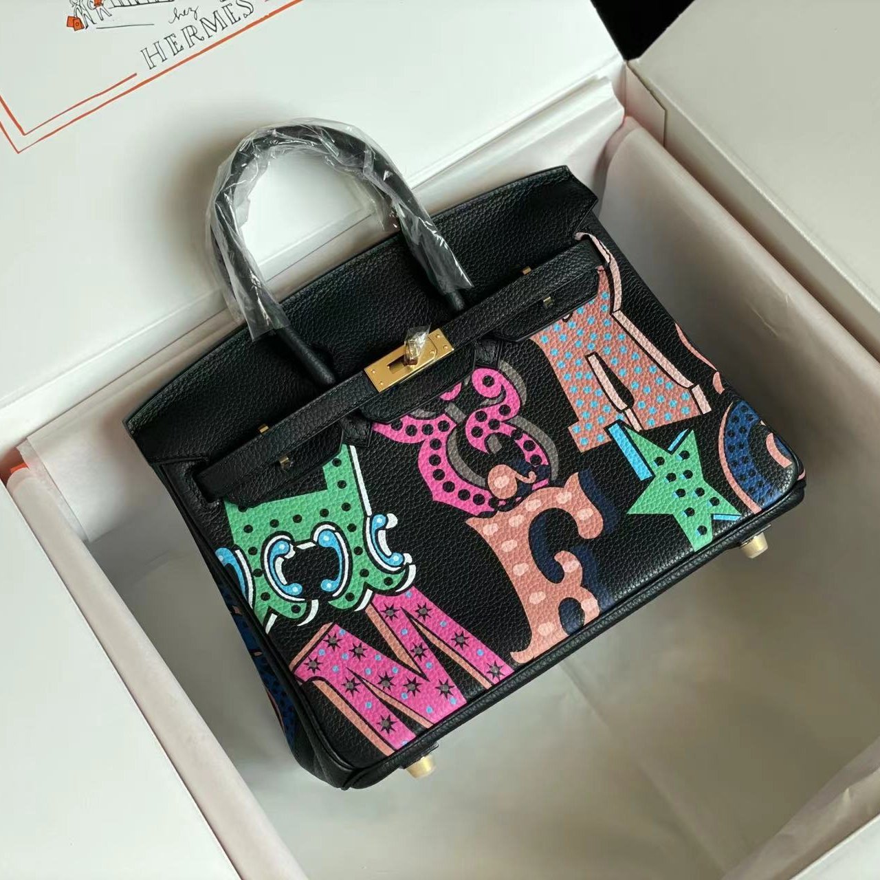 BIRKIN 25 BAG IN BLACK CALFSKIN WITH COLORFUL STICKER (MADE-TO-ODER)