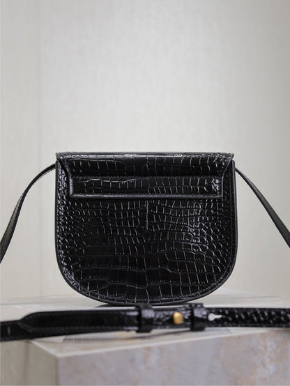 KAIA SMALL CROCODILE PATTERN BAG 18 IN BLACK GLOSSY CALFSKIN COPPER HARDWARE