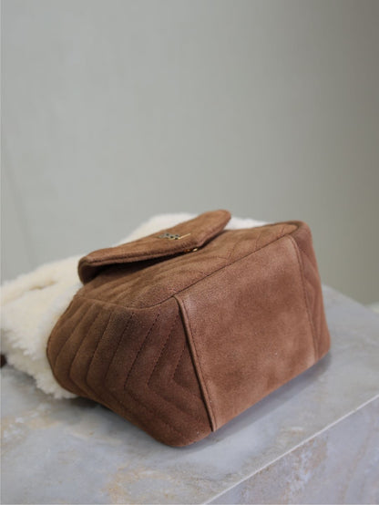 JOE MINI BUCKET BAG 19 IN WHITE SHEARLING AND BROWN SUEDE