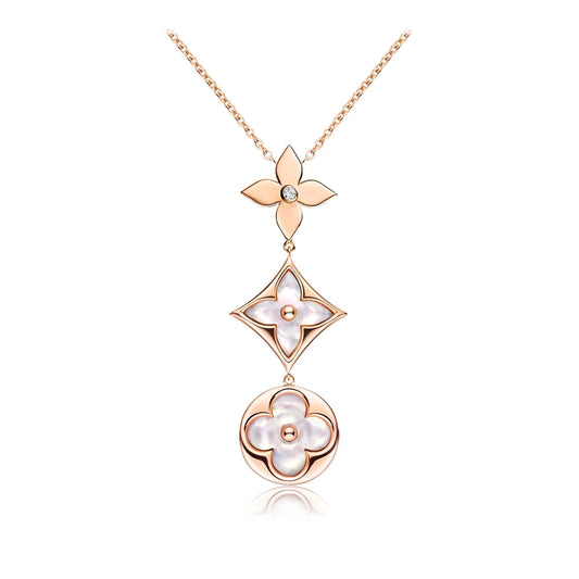 [AURORA]COLOR BLOSSOM LARIAT NECKLACE PINK GOLD WHITE MOTHER PEARL AND DIAMOND