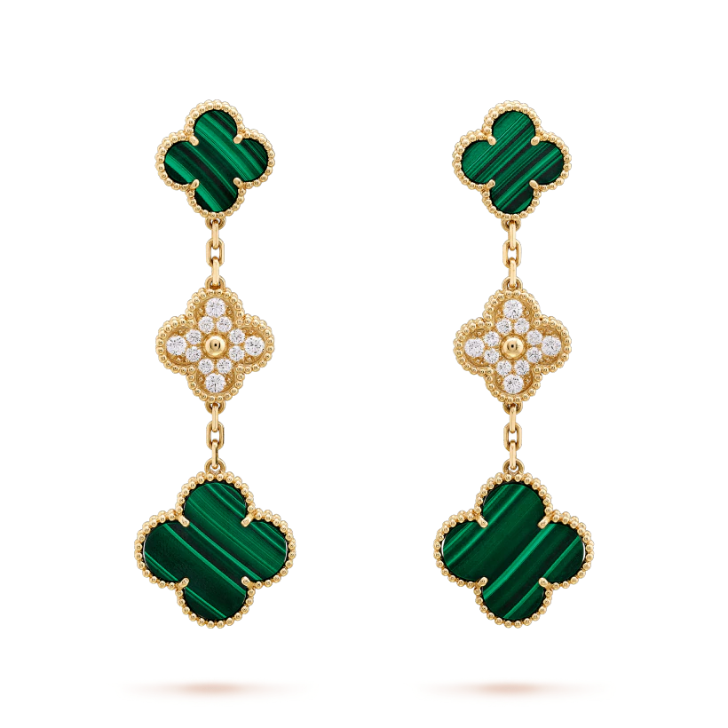 [AURORA]CLOVER EARRINGS GOLD MALACHITE DIAMOND 3 MOTIF