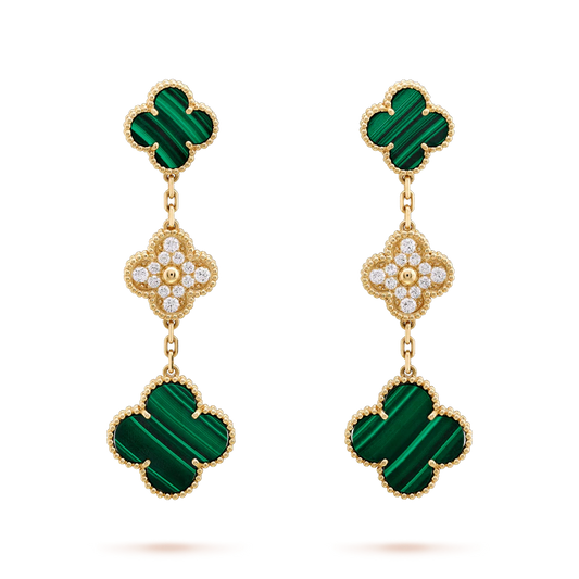 [AURORA]CLOVER EARRINGS GOLD MALACHITE DIAMOND 3 MOTIF