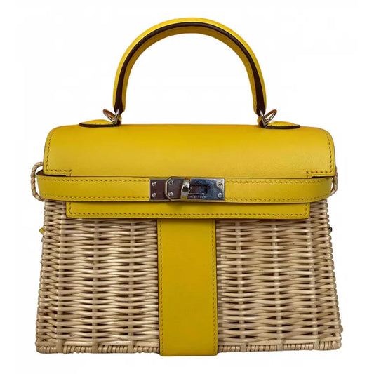 KELLY 20CM JAUNE DE NAPLES SWIFT IN YELLOW LEATHER AND WICKER SILVER HARDWARE