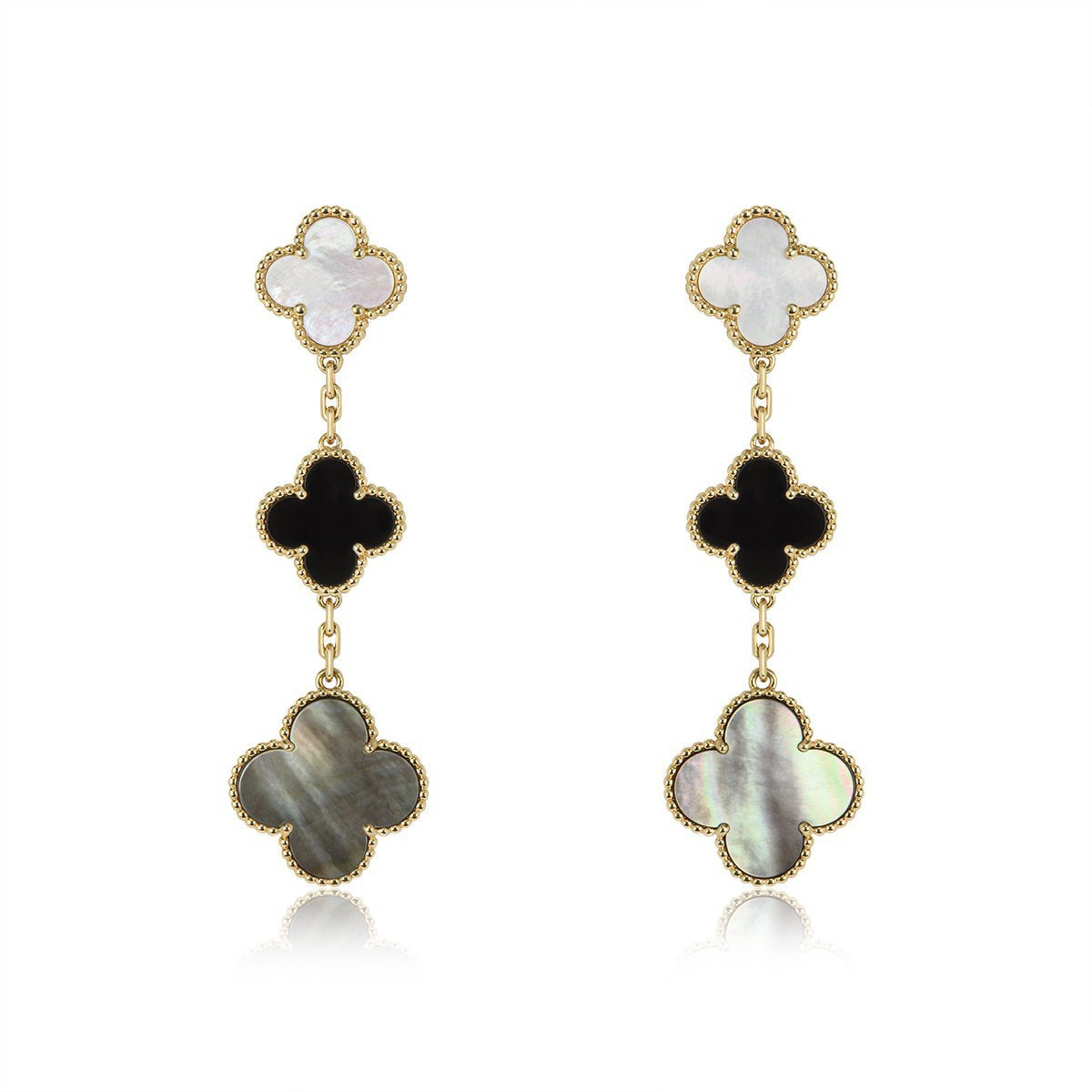 [AURORA]CLOVER EARRINGS GOLD ONYX MOP 3 MOTIF