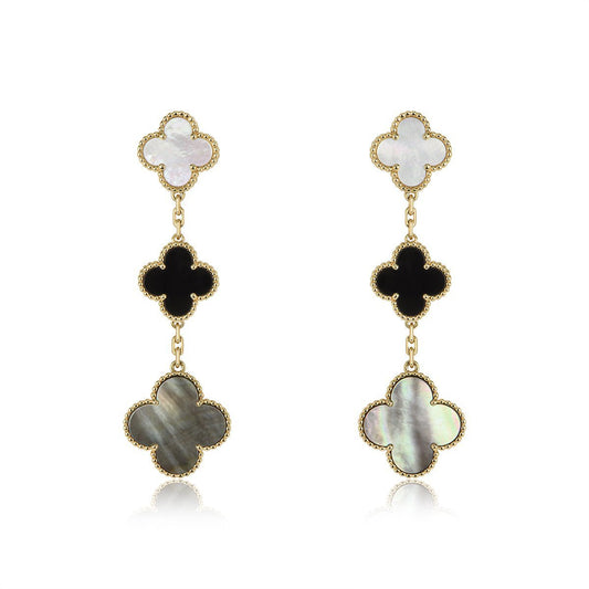 [AURORA]CLOVER EARRINGS GOLD ONYX MOP 3 MOTIF